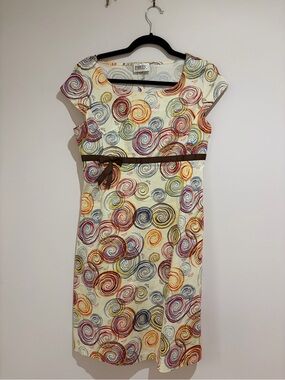 Ports international Spiral Abstract Pattern Brown bow accent cocktail dress